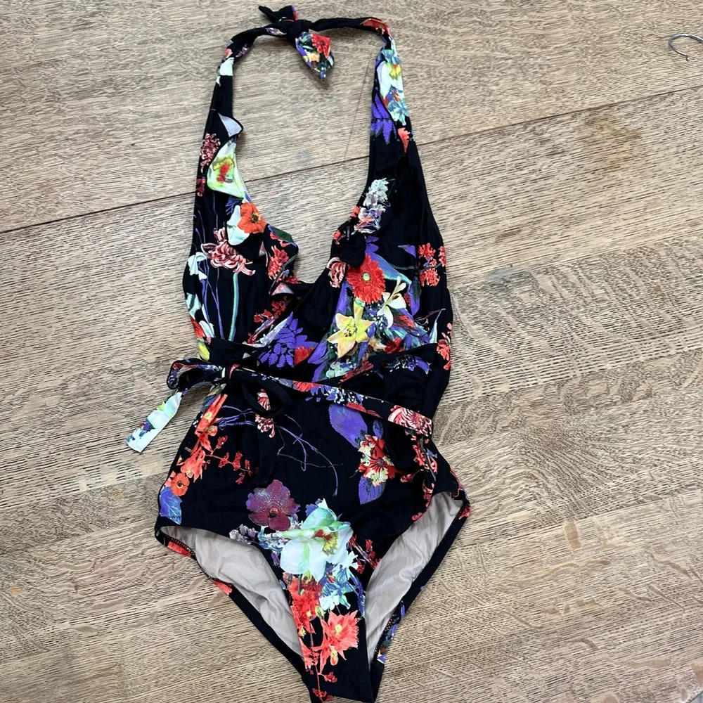 Anthropologie Allihop Ruffle Floral Halter Ruching Tie Waist One-Piece Swimsuit - Picture 2 of 16